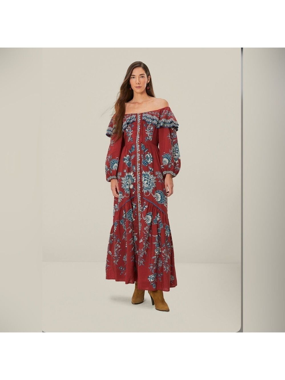 Farm Rio Red Tropical Landing Off Shoulder Maxi Dress